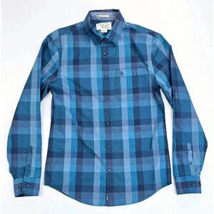 Penguin Heritage Slim Size Small Men's Blue Check Embroidered Pocket Logo Shirt